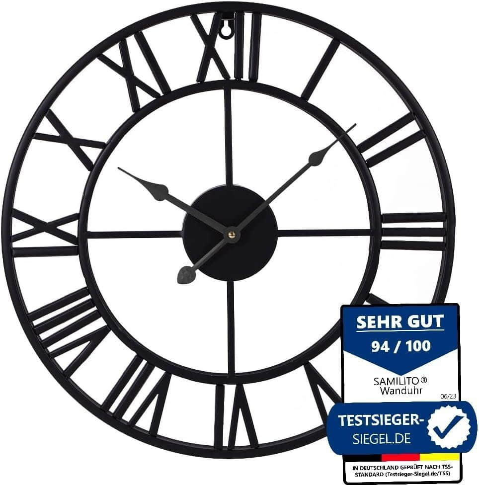 Samilito Dekoration Samilito Vintage-Wanduhr mit römischen Ziffern - Robuster 2cm Metallrahmen, leises Quarzwerk (kein Ticken), silber - Elegante Wohnzimmeruhr schwarze z