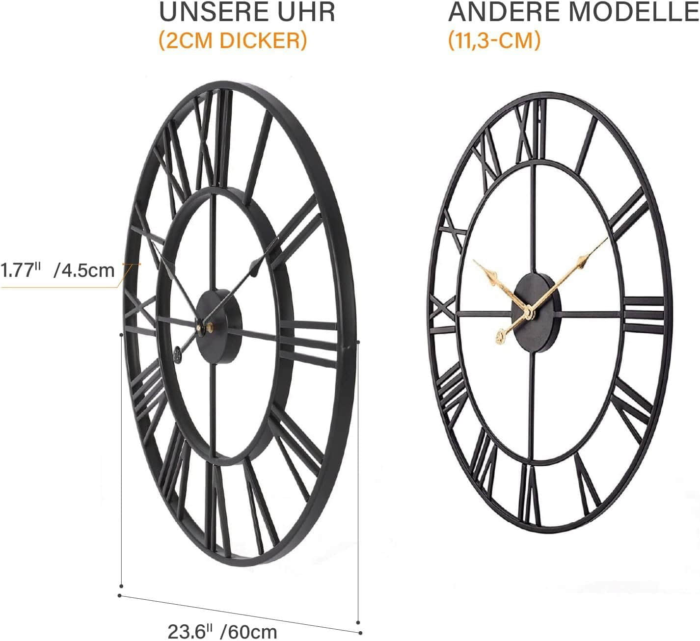 Samilito Dekoration Samilito Vintage-Wanduhr mit römischen Ziffern - Robuster 2cm Metallrahmen, leises Quarzwerk (kein Ticken), silber - Elegante Wohnzimmeruhr schwarze z