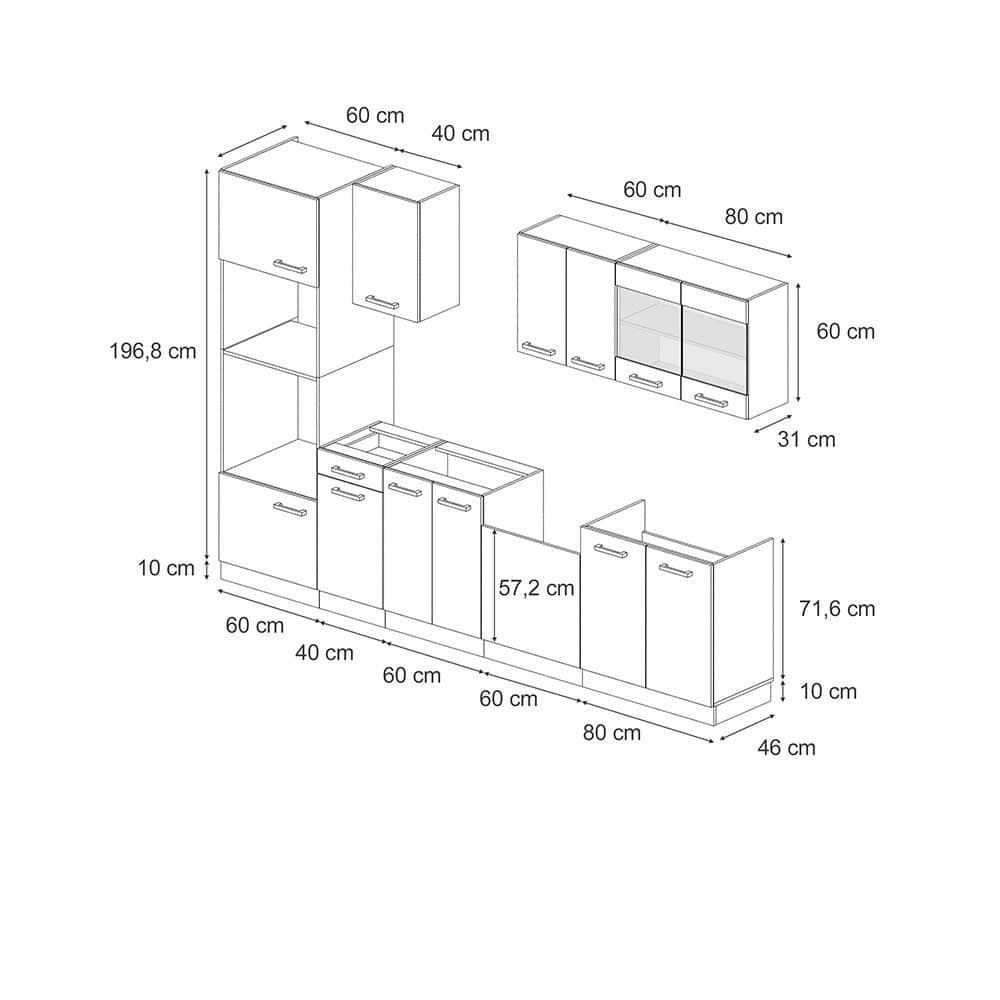 Vicco R-Line Küchenzeile 300 cm - Sonoma/Weiß mit Hochschrank (ohne AP) | Modulares Küchensystem mit Soft-Close-Scharnieren | Höhenverstellbare Füße Blau-Grau/ Vicco Küchen