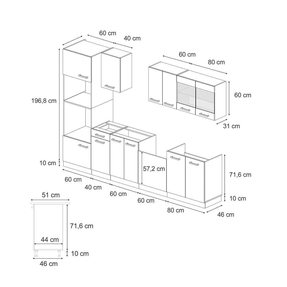 Vicco R-Line Küchenzeile 300 cm - Sonoma/Weiß mit Hochschrank (ohne AP) | Modulares Küchensystem mit Soft-Close-Scharnieren | Höhenverstellbare Füße Weiß Landh Küchen Vicco
