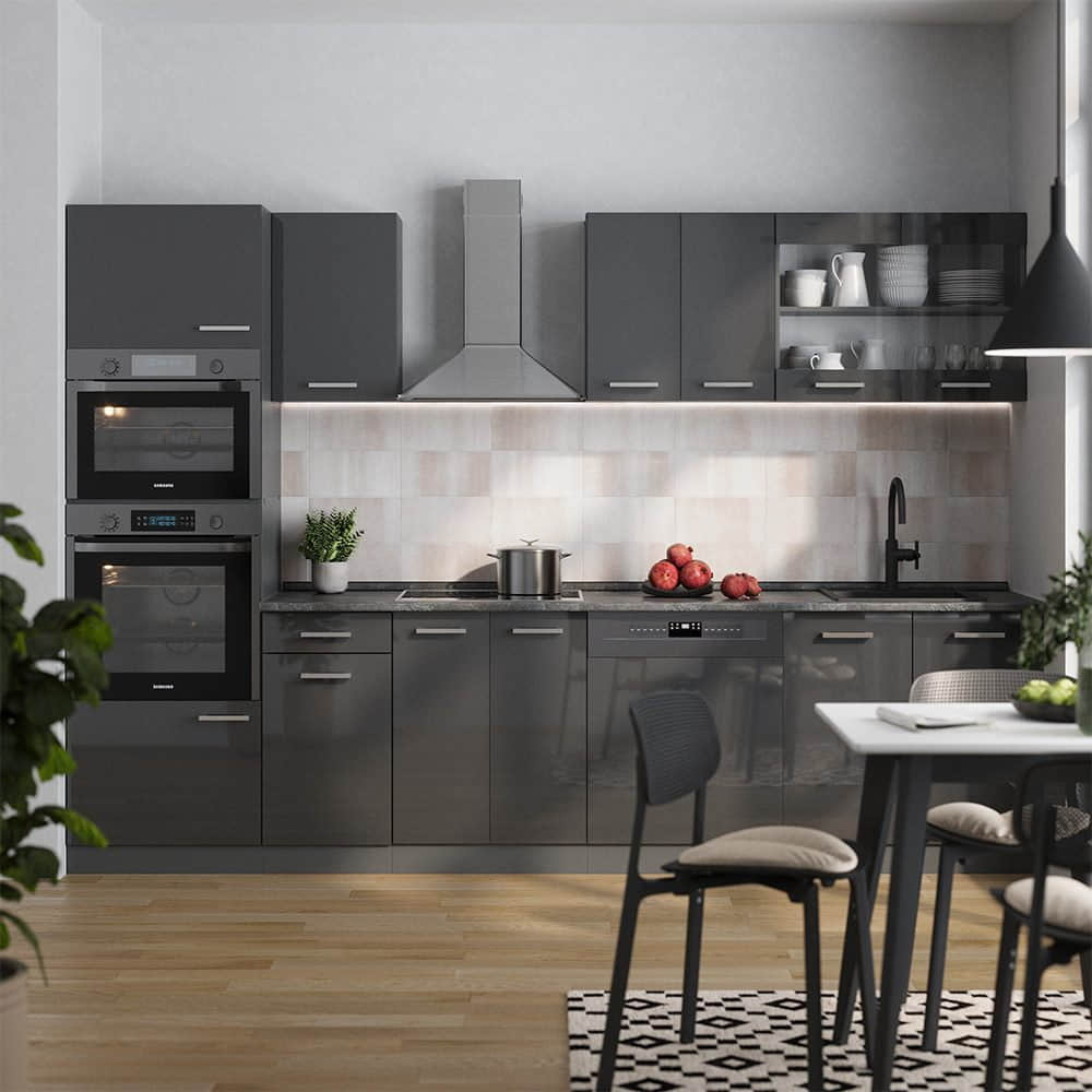 Vicco R-Line Küchenzeile 300 cm - Sonoma/Weiß mit Hochschrank (ohne AP) | Modulares Küchensystem mit Soft-Close-Scharnieren | Höhenverstellbare Füße Anthrazit Küchen Vicco
