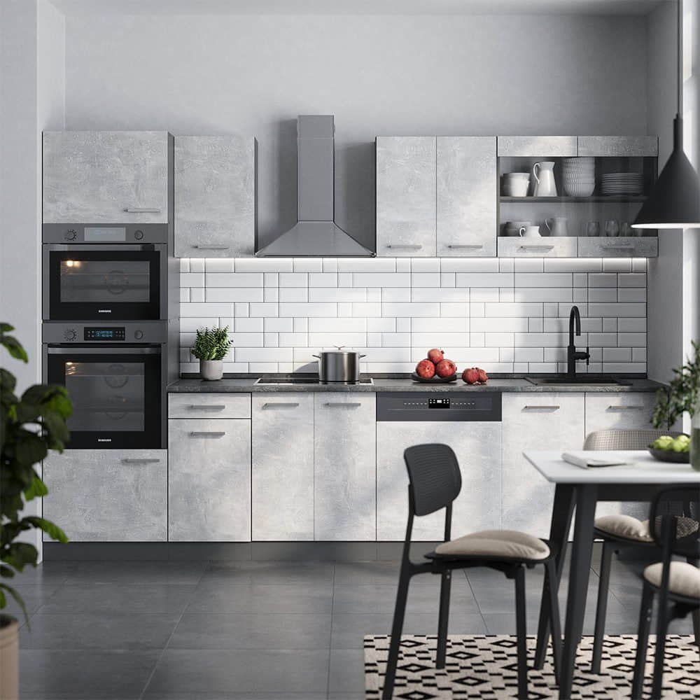 Vicco R-Line Küchenzeile 300 cm - Sonoma/Weiß mit Hochschrank (ohne AP) | Modulares Küchensystem mit Soft-Close-Scharnieren | Höhenverstellbare Füße Beton/Anth Küchen Vicco
