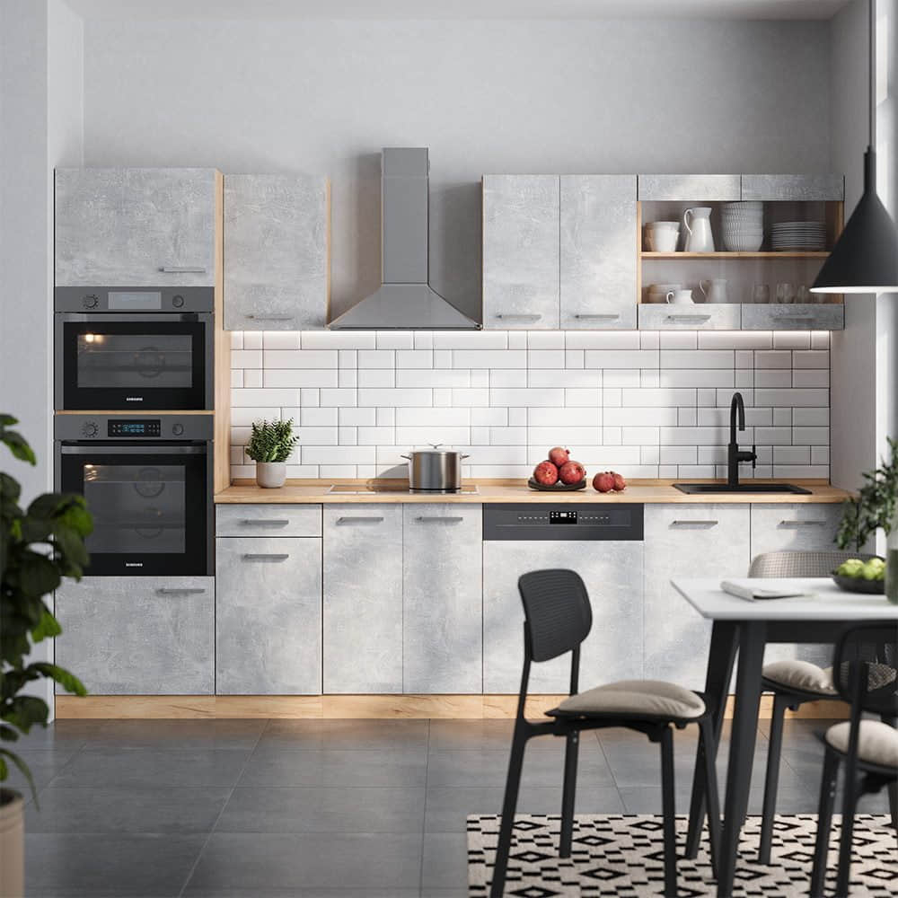 Vicco R-Line Küchenzeile 300 cm - Sonoma/Weiß mit Hochschrank (ohne AP) | Modulares Küchensystem mit Soft-Close-Scharnieren | Höhenverstellbare Füße Beton/Gold Vicco Küchen