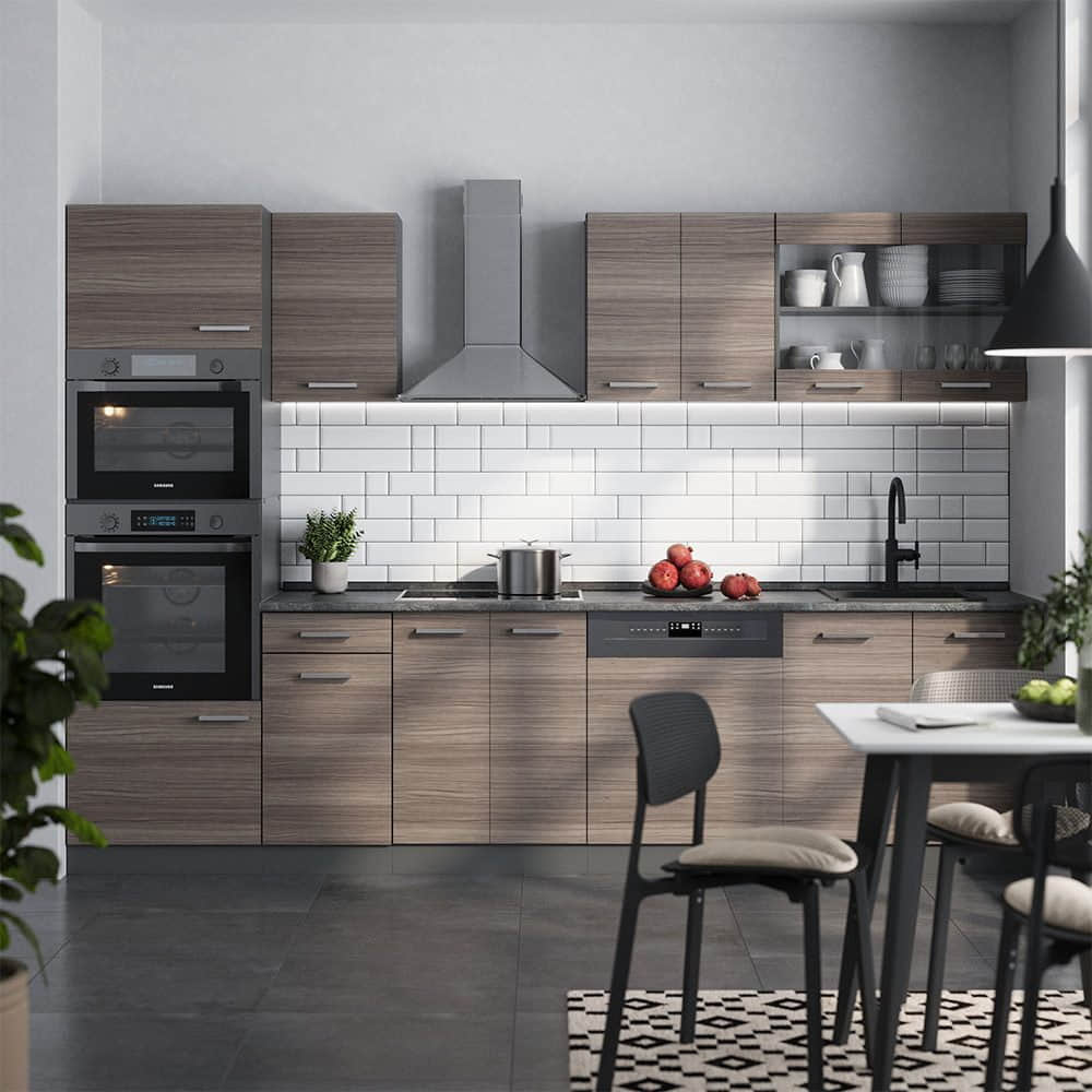 Vicco R-Line Küchenzeile 300 cm - Sonoma/Weiß mit Hochschrank (ohne AP) | Modulares Küchensystem mit Soft-Close-Scharnieren | Höhenverstellbare Füße Edelgrau/A Küchen Vicco