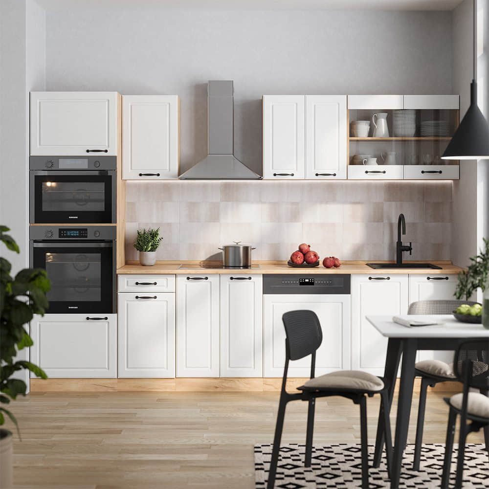 Vicco R-Line Küchenzeile 300 cm - Sonoma/Weiß mit Hochschrank (ohne AP) | Modulares Küchensystem mit Soft-Close-Scharnieren | Höhenverstellbare Füße Weiß Landh Küchen Vicco