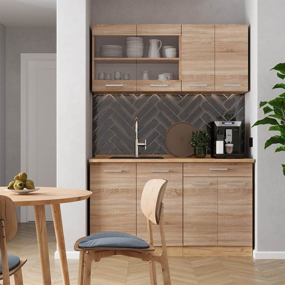 Vicco Küchen Vicco Singleküche R-Line Weiß Landhaus/Goldkraft Eiche 140cm ohne AP | Modulare Küchenzeile mit höhenverstellbaren Füßen | Landhausstil Küche für kleine Räume Sonoma/Gol