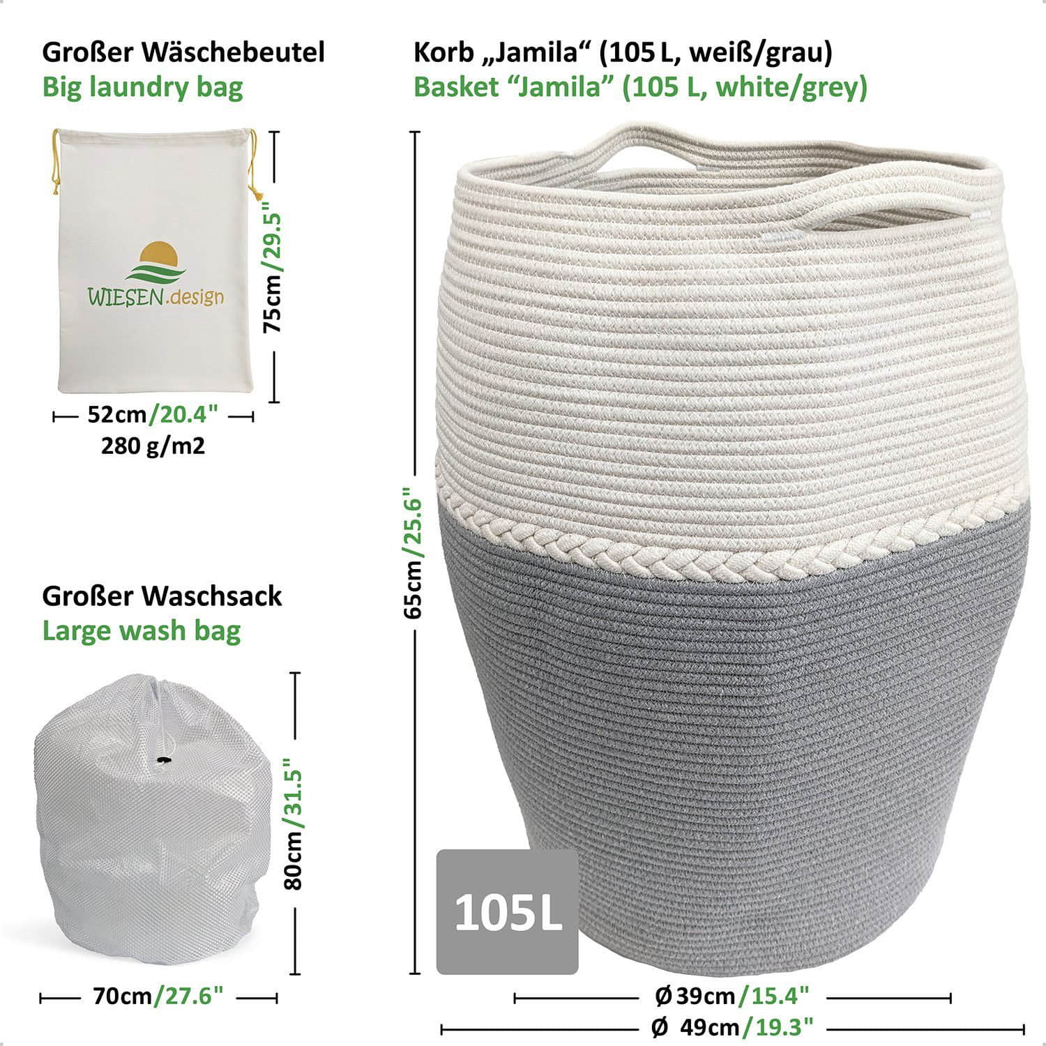 WIESEN.design Bad & Sanitär WIESEN.design Jamila Wäschekorb Ø46/39xH65cm 105L - Handgeflochtener Baumwollkorb für Wäsche & Spielzeug | Inkl. Wäschesack | GRS & BSCI zertifiziert Grau/Weiß