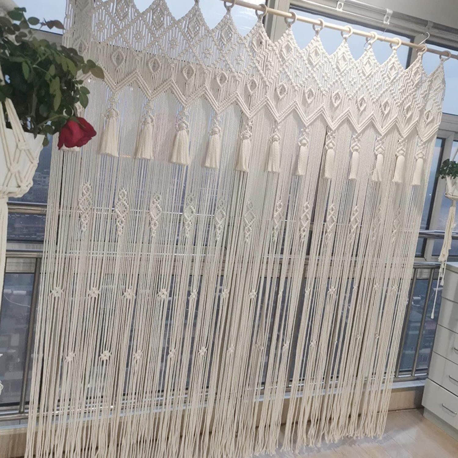 Welikera Welikera Makramee Türvorhang Handgewebt | Böhmische Baumwoll-Wanddekoration mit Holzstab | Raumteiler 150x200cm | Naturtöne Beige/Creme Schlafzimmer