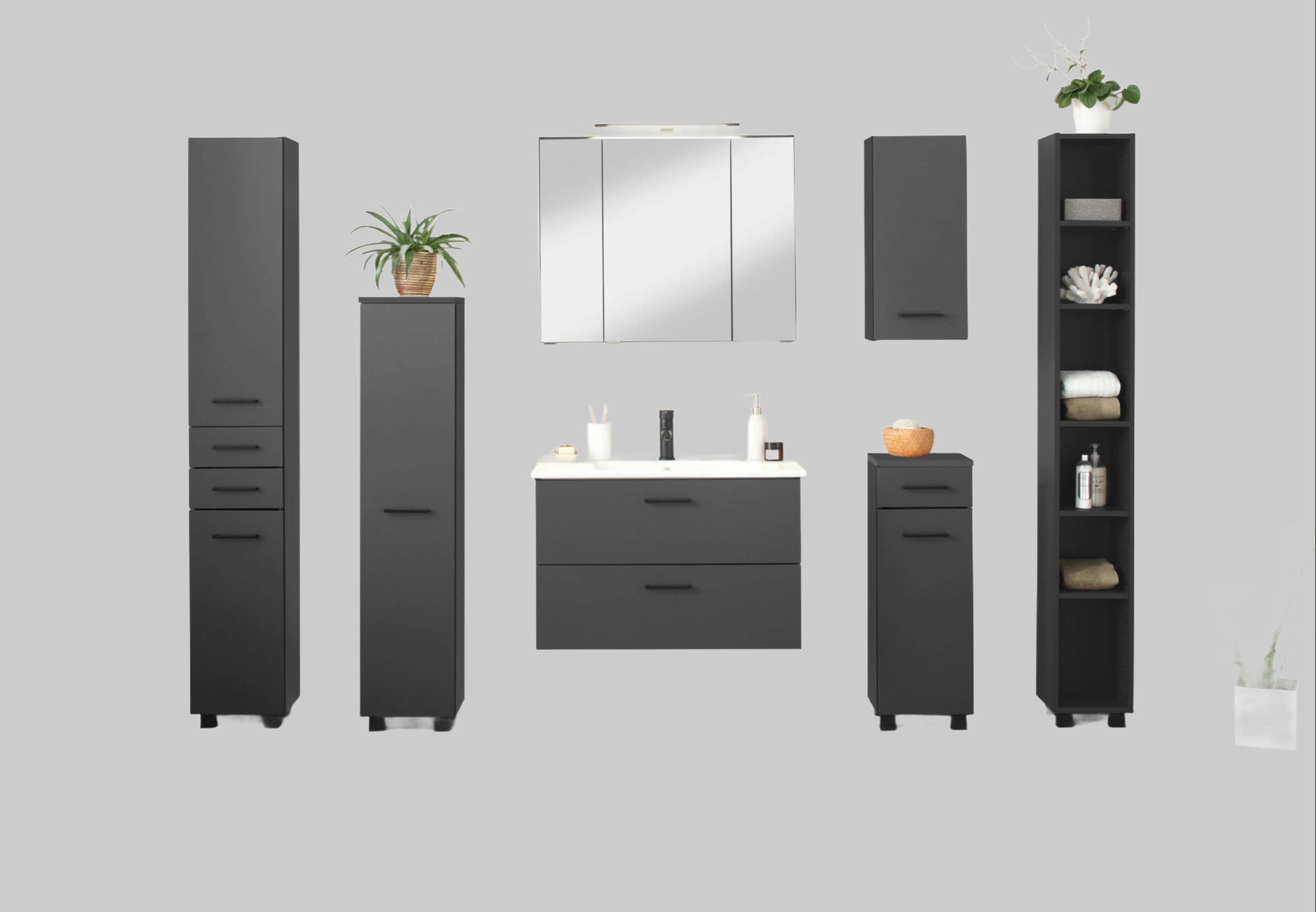welltime Welltime Hochschrank Trento | 30cm schmaler Bad-Seitenschrank mit Stauraum | MDF-Fronten & Edelstahlgriffe | Verschiedene Farben | Made in Germany grau matt Schränke
