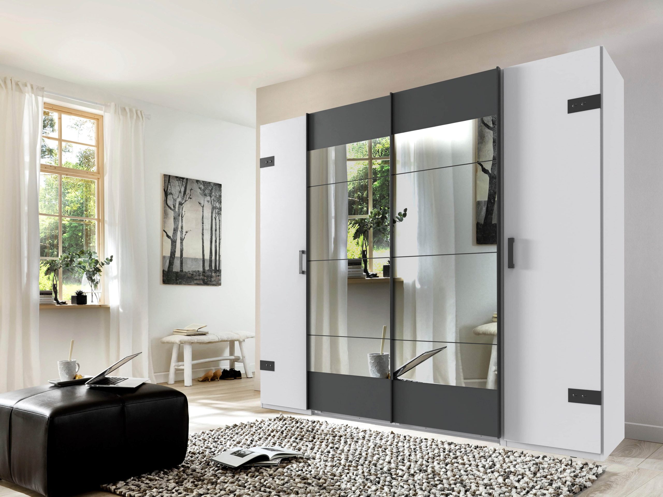 Wimex Schwebetürenschrank 'Stockholm' | Industrial-Look Kleiderschrank mit Spiegel & Schwebetüren | Bestseller Garderobenschrank weiß/graph Wimex Schränke