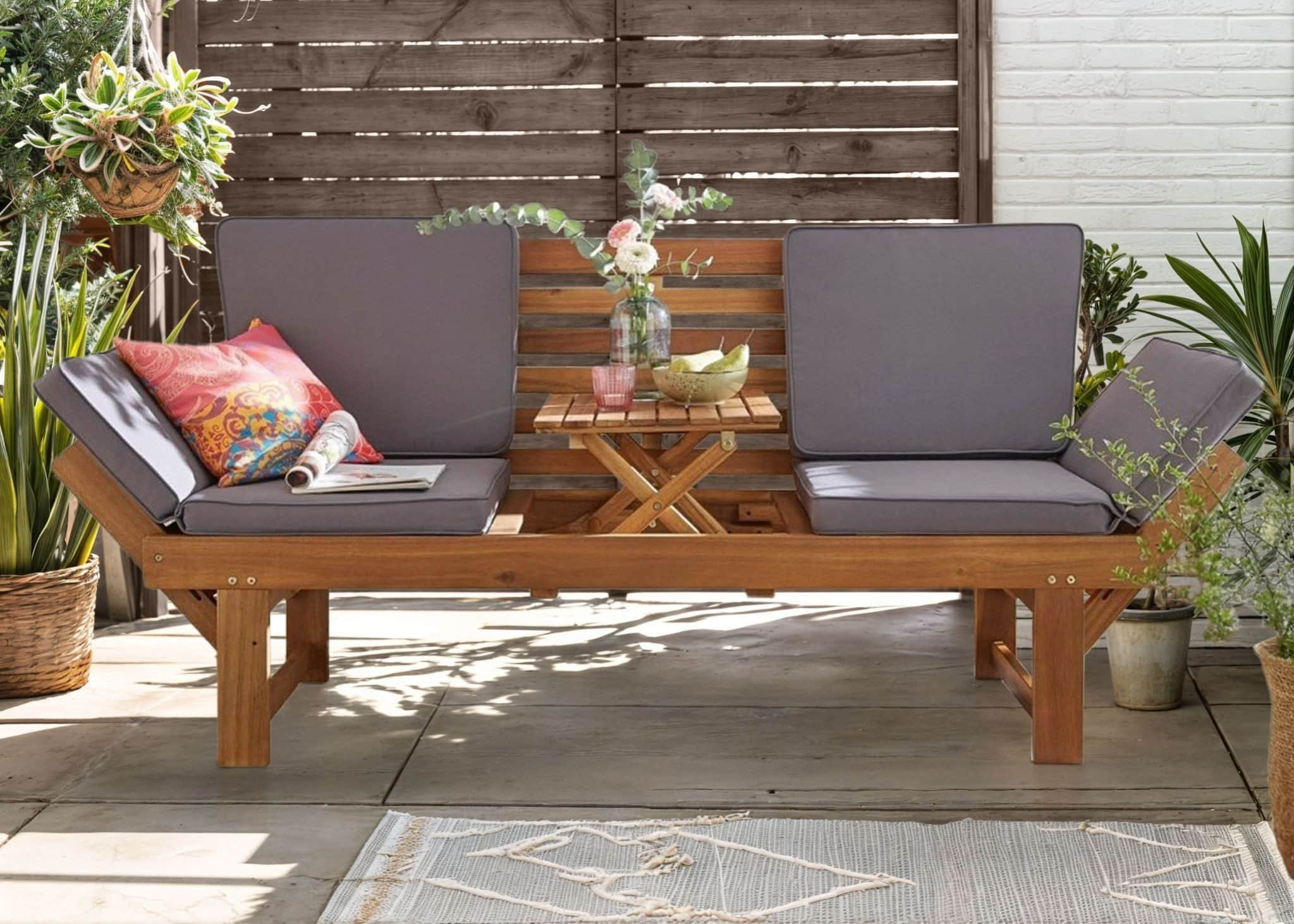Wohnando Wohnando Premium Gartenbank mit Tisch aus Akazienholz | 137 cm Sitzlänge | Klappbarer Mittelteil | Inkl. Outdoor-Kissen | Für Terrasse & Balkon Sitzbänke