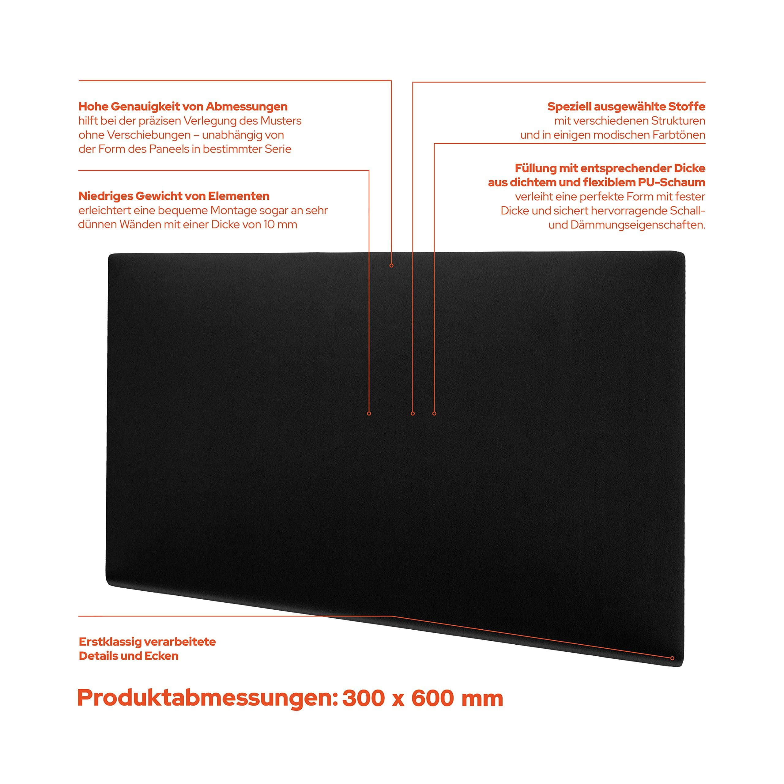 Bauen & Renovieren mollis mollis Premium Wandpaneel Rechteckig 30x60 cm – Akustik Wandpolster, Bettkopfteil & Raumteiler in 8 Farben | FSC® C114919 zertifiziert Schwarz