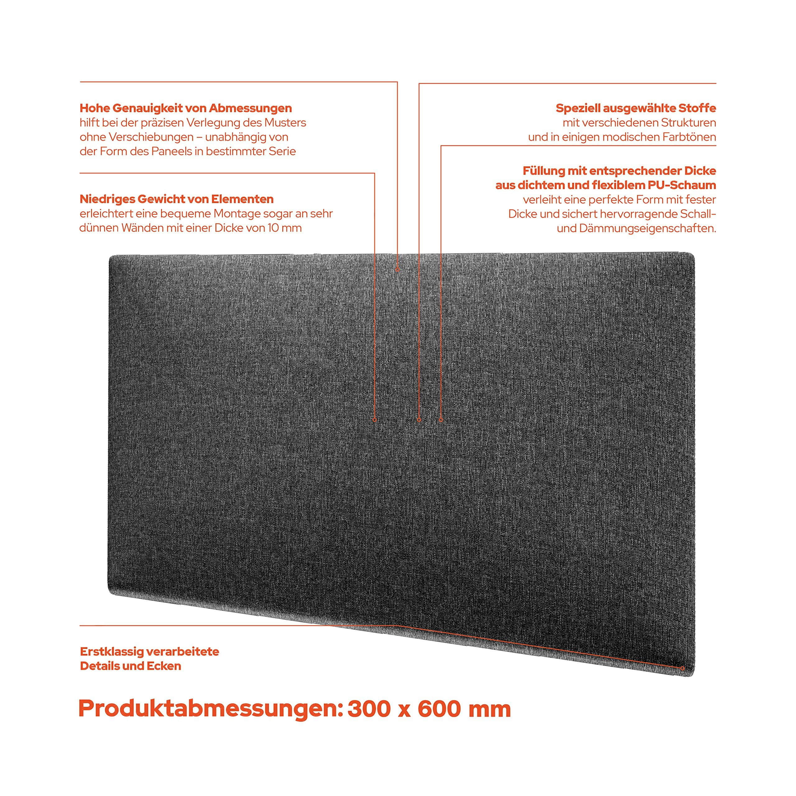 mollis Bauen & Renovieren mollis Premium Wandpaneel Rechteckig 30x60 cm – Akustik Wandpolster, Bettkopfteil & Raumteiler in 8 Farben | FSC® C114919 zertifiziert Graphit