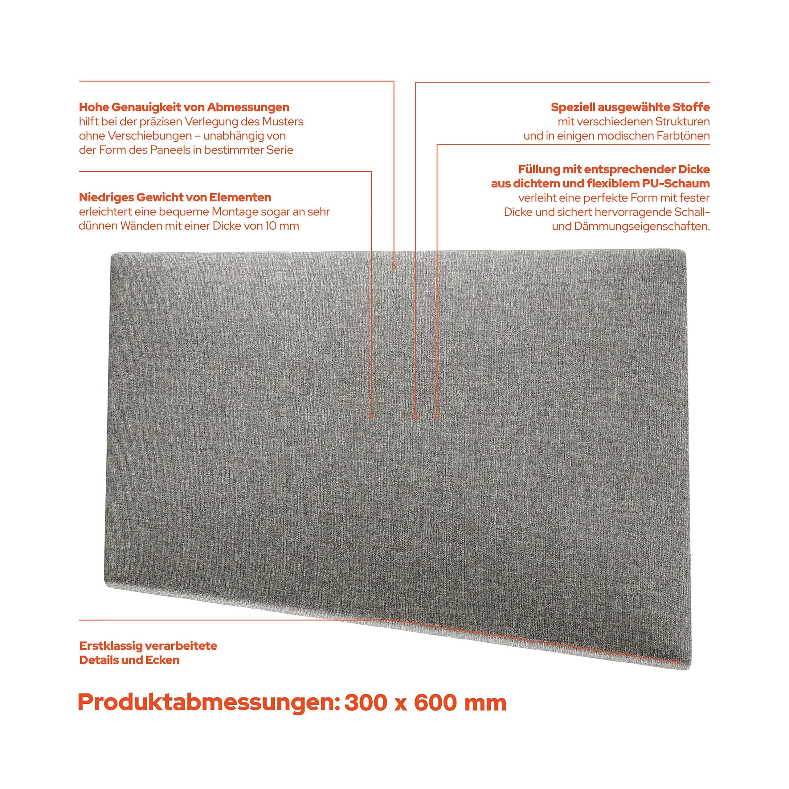 mollis Premium Wandpaneel Rechteckig 30x60 cm – Akustik Wandpolster, Bettkopfteil & Raumteiler in 8 Farben | FSC® C114919 zertifiziert Grau Bauen & Renovieren mollis